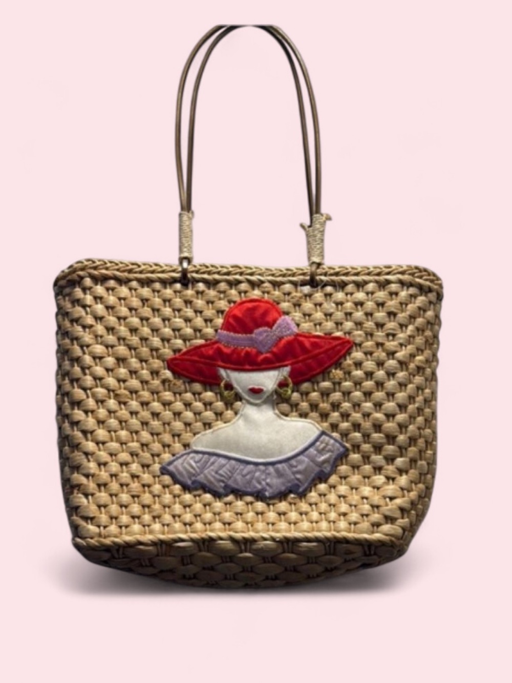 Woven Straw Tote with Red Hat Applique - Picture 1 of 3